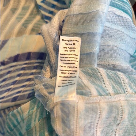 BEFORE + AGAIN TROPICAL FLORAL BLUE AQUA BANDED BELL SLEEVE TOP SIZE MEDIUM - Picture 9 of 9